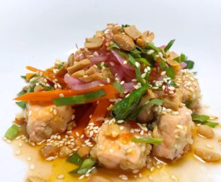 it’s a perfect night for Vietnamese Salmon Salad with quick-pickled carrots + shallots, lime vinaigrette, peanuts, toasted sesame, sawtooth herb, and mint, don’t you think? ?